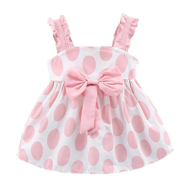 Летнее платье для маленьких девочек повседневное хлопковое платье в горошек с ремешком Детский сарафан принцессы для малышей - Цвет: Розовый