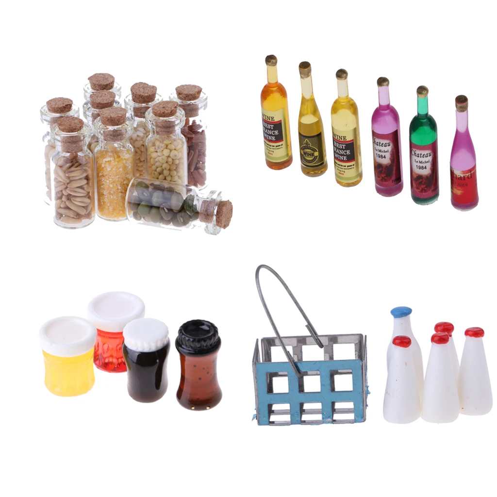 1/12 Dollhouse Foods Groceries Milk Basket Wine Bottles Glass Jar Room Items Accessory