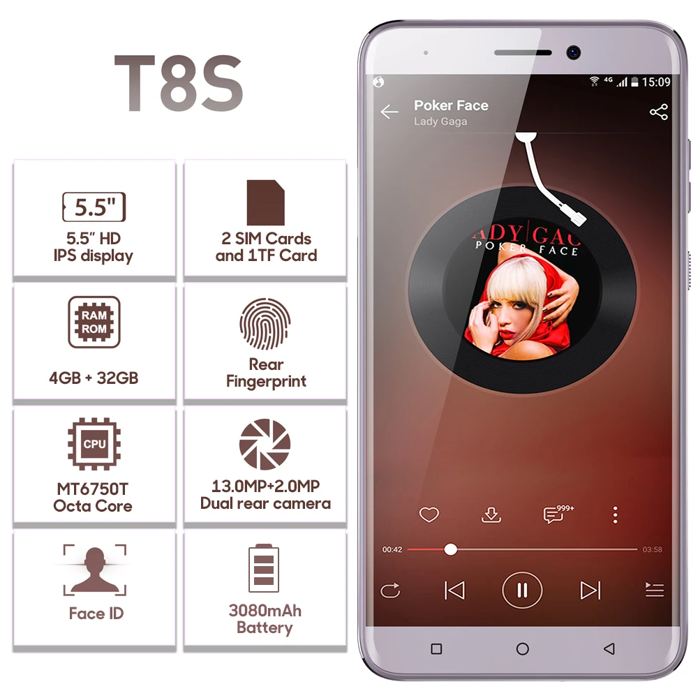 LEAGOO T8s 5.5'' FHD Incell screen Mobile Phone Android 8.1 MTK6750T Octa Core 4GB 32GB 13MP Dual C