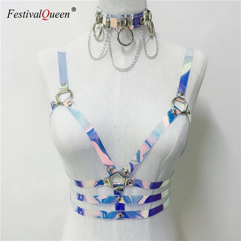 

Fashion PVC Holographic Collar Choker Belt Harness Tank Top Women Sexy Hollow Out Laser Crop Top Rave Festival Tops Clubwear