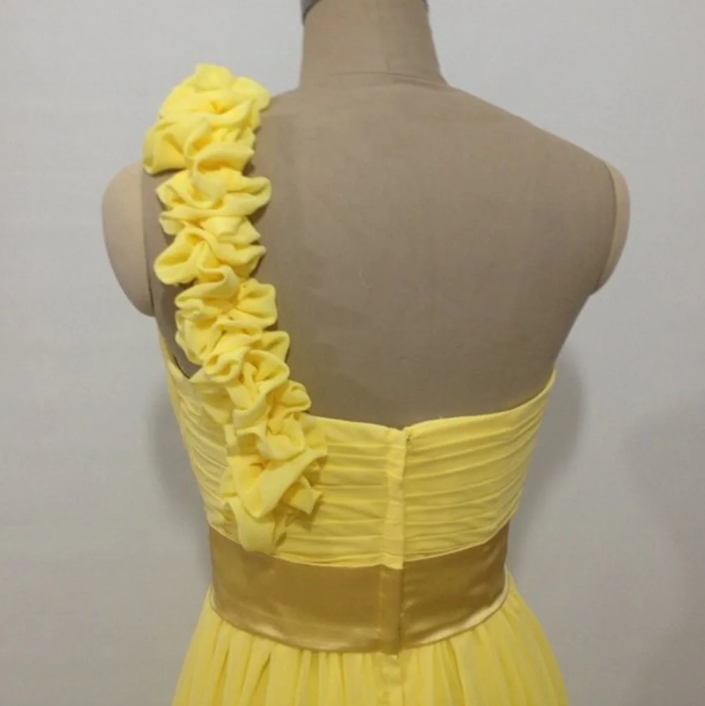 Простое желтое Плиссированное на одно плечо шифоновые длинные свадебные платья для свадебной вечеринки цветы торжественные платья для выпускного vestido de festa