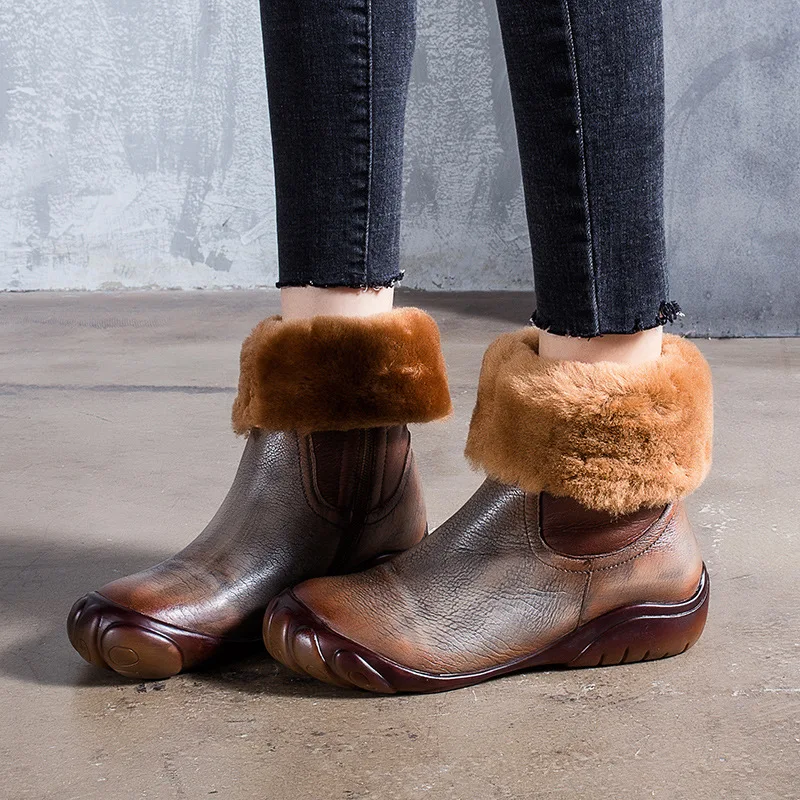 

Artdiya Retro Genuine Leather Boots 2018 Autumn and Winter New Round Toe Low Heels Ankle Boots Wool Keep Warm Women Boots