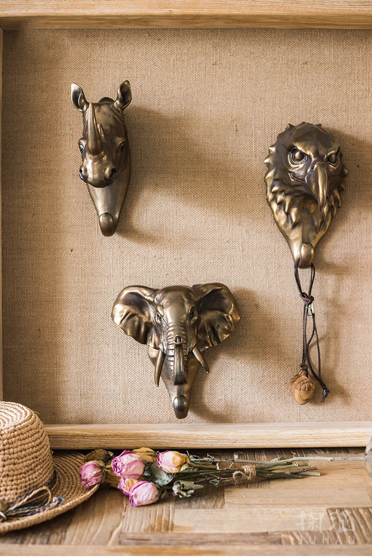 Retro animal wall hook decoration creative home accessories resin metal copper art head robe | Дом и сад