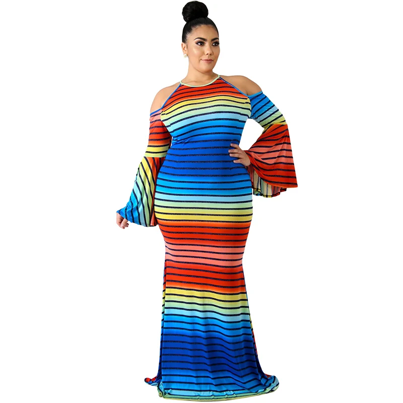 

Women Striped Cold Shoulder Plus Size Dress Female Maxi Autumn Summer Dresses Size XXL Rainbow Long Dresses