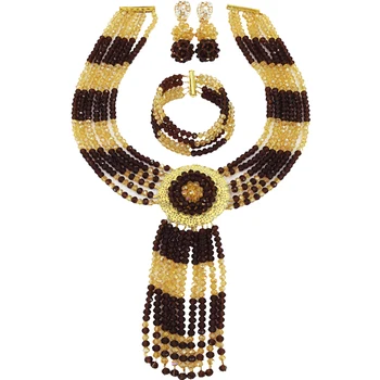 

Fashion Brown and Champagne Gold AB African Beads Jewelry Set Crystal Nigerian Necklace Sets 6LS02
