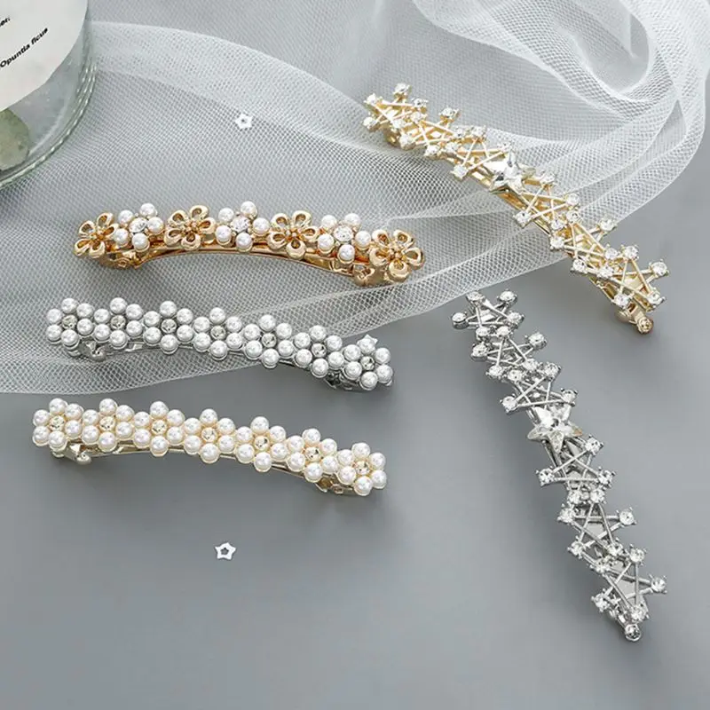 

Women Ladies Korean Metal Alloy French Hair Clip Hollow Star Flower Imitation Pearl Rhinestone Pigtail Spring Hairgrip Barrettes