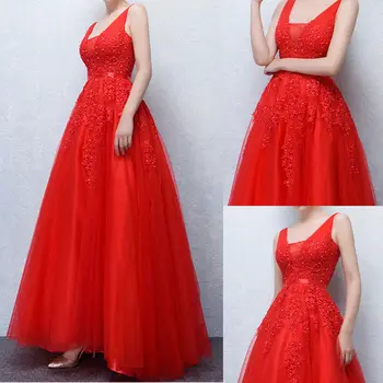 

New Fashion Women Dress Elegant Lady Summer Sleeveless V-neck Appliques Cocktail Party Ball Gown Dress White Red Blue