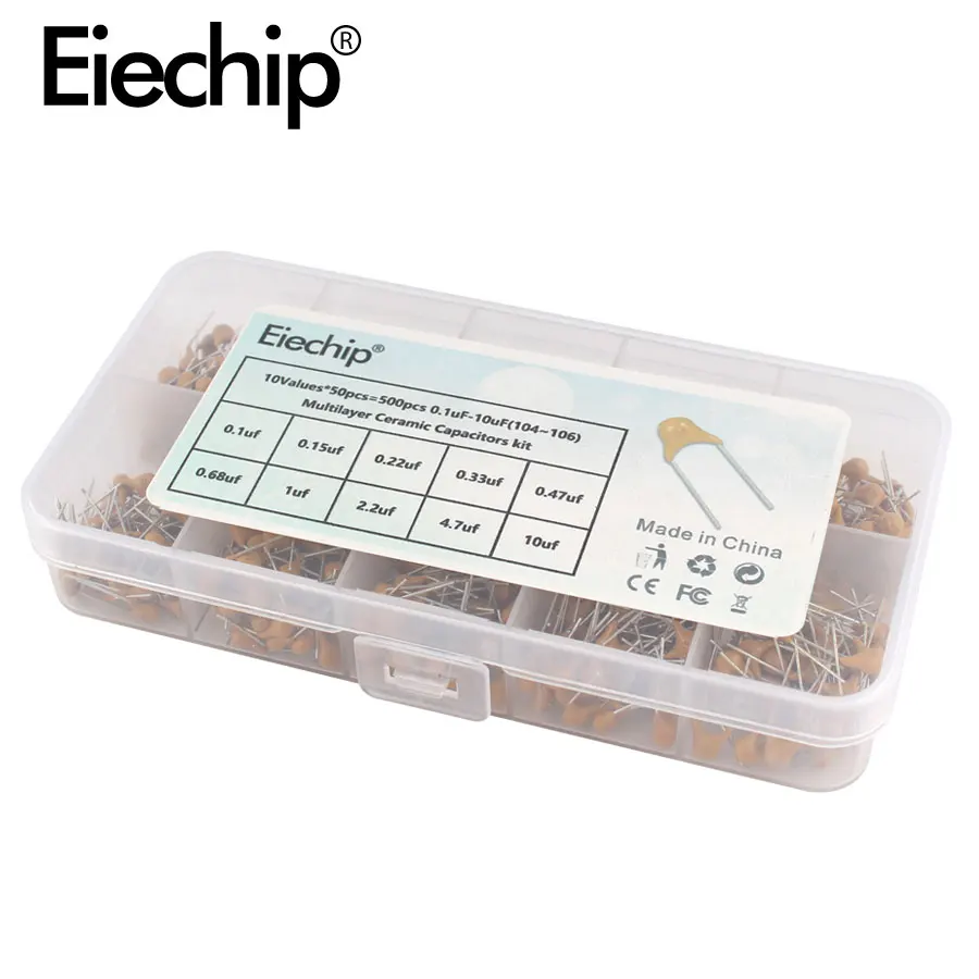 500pcs/lot Multilayer Ceramic Capacitor Assortment Kit 10Values*50pcs 0.1uF-10uF(104~106) 50V Ceramic Capacitors Set pack