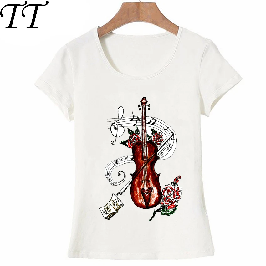 

New Harajuku Brown violin with music notes art T-Shirt Fashion women T Shirt music Tops Pretty girl t-shirt ladies casual Tee