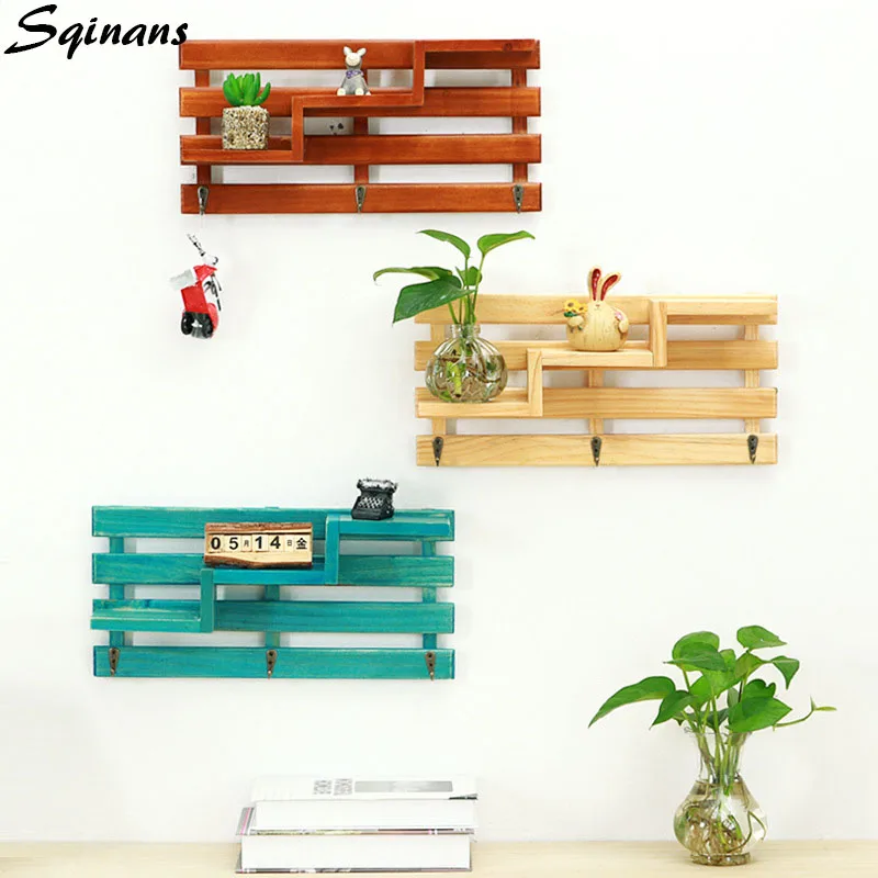 

Sqinans Vintage Nordic Shelf Wooden Wall Decor Hanging Floating Shelf Wood Mensole Decorative Wall Shelf Storage Rack With Hooks