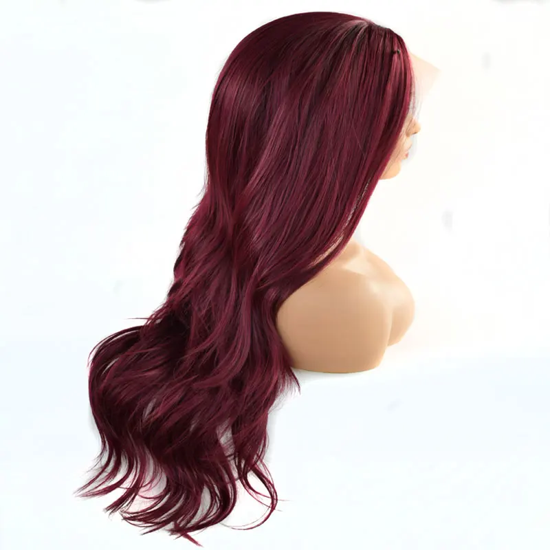 

Bombshell Mix Dark Wine Red Natural Wave Synthetic Lace Front Wigs Heat Resistant Fiber Natural Hairline For White Women Wigs