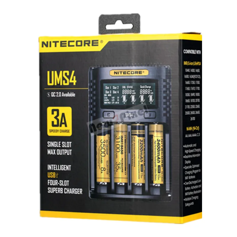 NITECORE UMS4 UM4 автоматическое универсальное 3а 2А быстрое зарядное устройство интеллектуальное USB Двухслотовое зарядное устройство ЖК-дисплей литий-ионный IMR аккумулятор