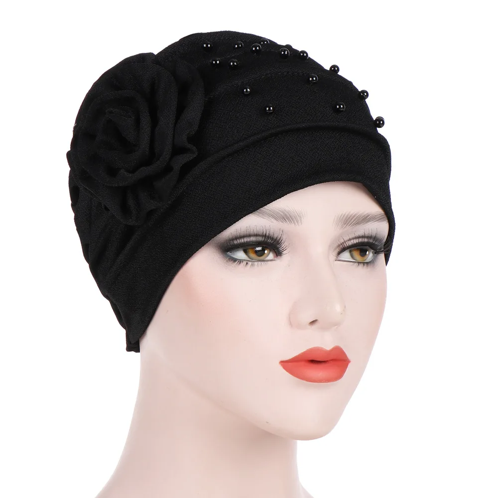 

1 Pc Fashion Women Beading India Hat Muslim Flower Ruffle Cancer Chemo Beanie Headscarf Turban Pearl Head Wrap Cap Wholesale
