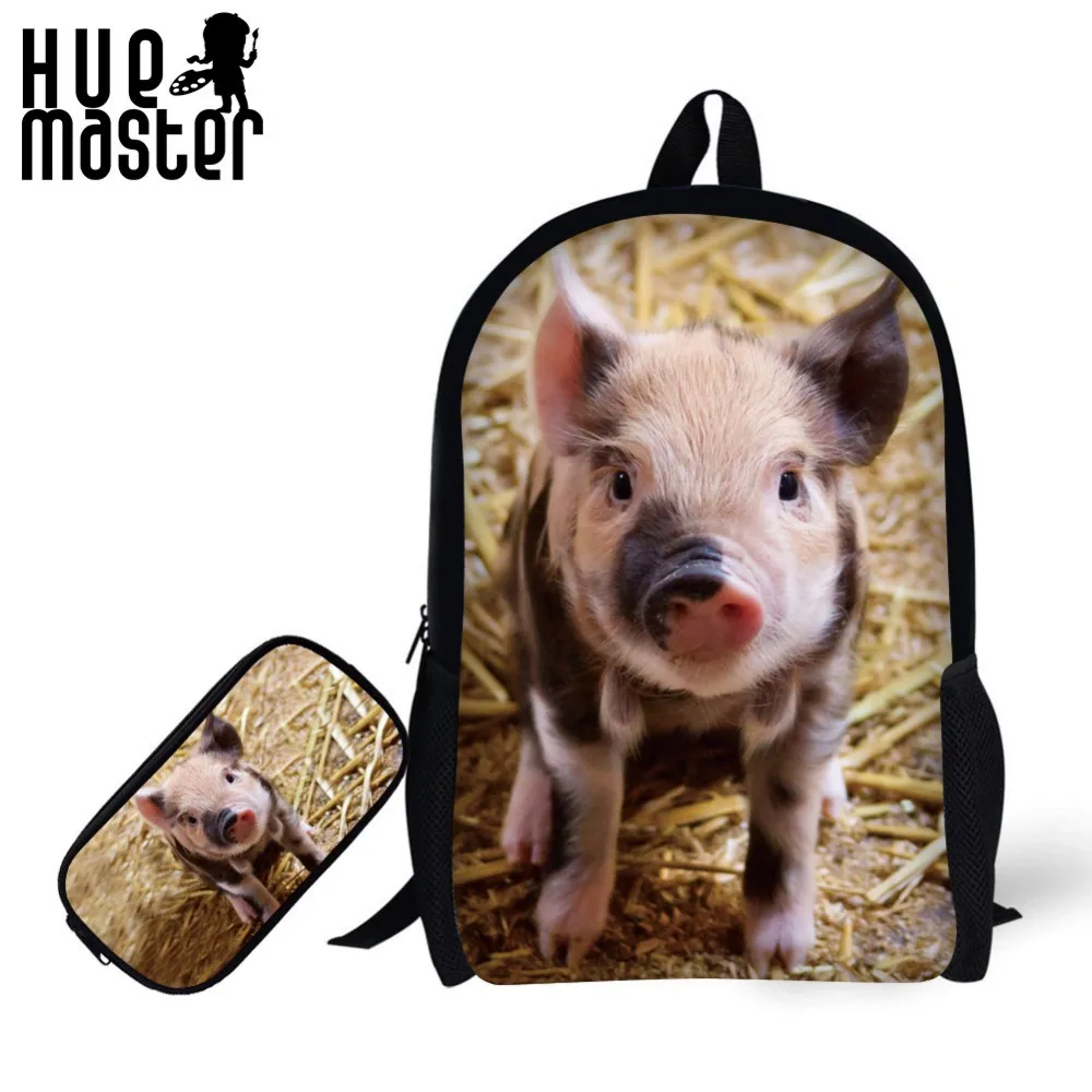 

HUE MASTER 17 inch School backpack pencil combination 3D print Pig rabbit boys girls Learn must school bags pencil box
