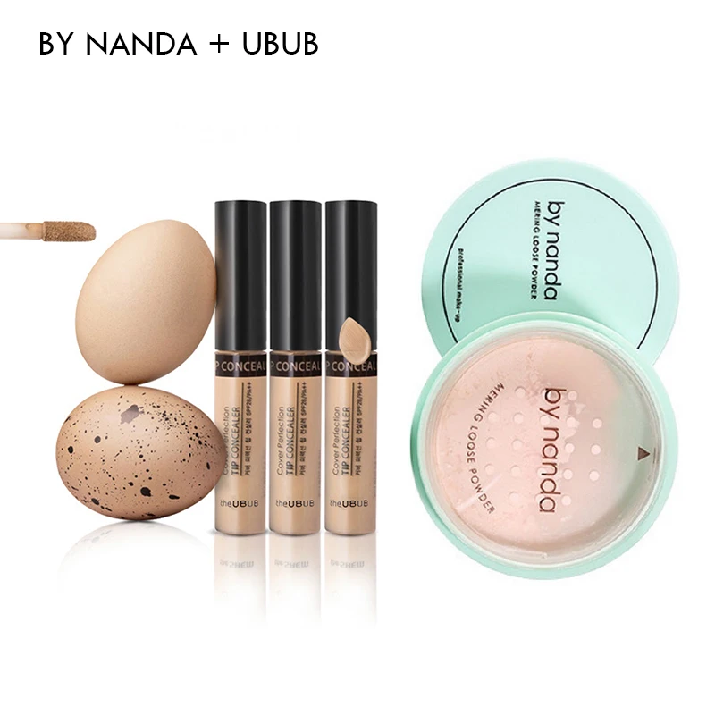 

New 2Pcs Face Makeup Base Set BY NANDA 3 Color Translucent Pressed Powder With Puff Oil Control Full Cover Liquid Concealer Pen