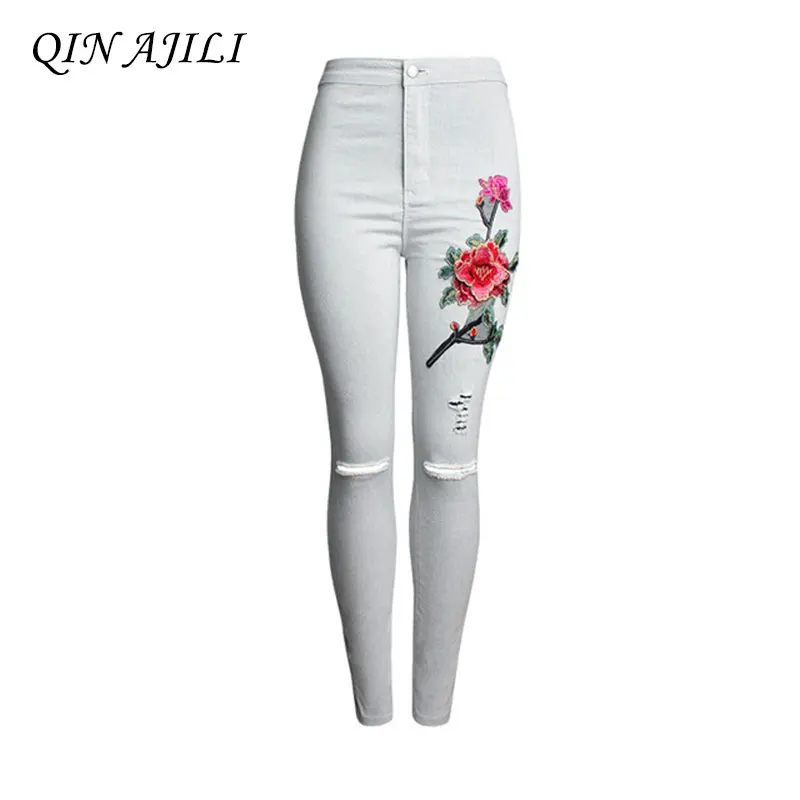 

QIN AJILI Women Jeans Embroidery High Waist Skinny Casual Pencil Pants White Hole Ripped Vintages Full Lengths comfort Trousers