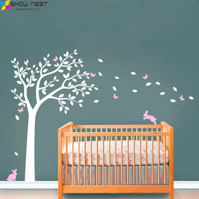 Huge White Tree Decal With Cute Rabbit And Erflies Vinyl Huge White Tree Decal With Cute Rabbit And Erflies Vinyl Stickers Baby Nursery Bedroom Wall