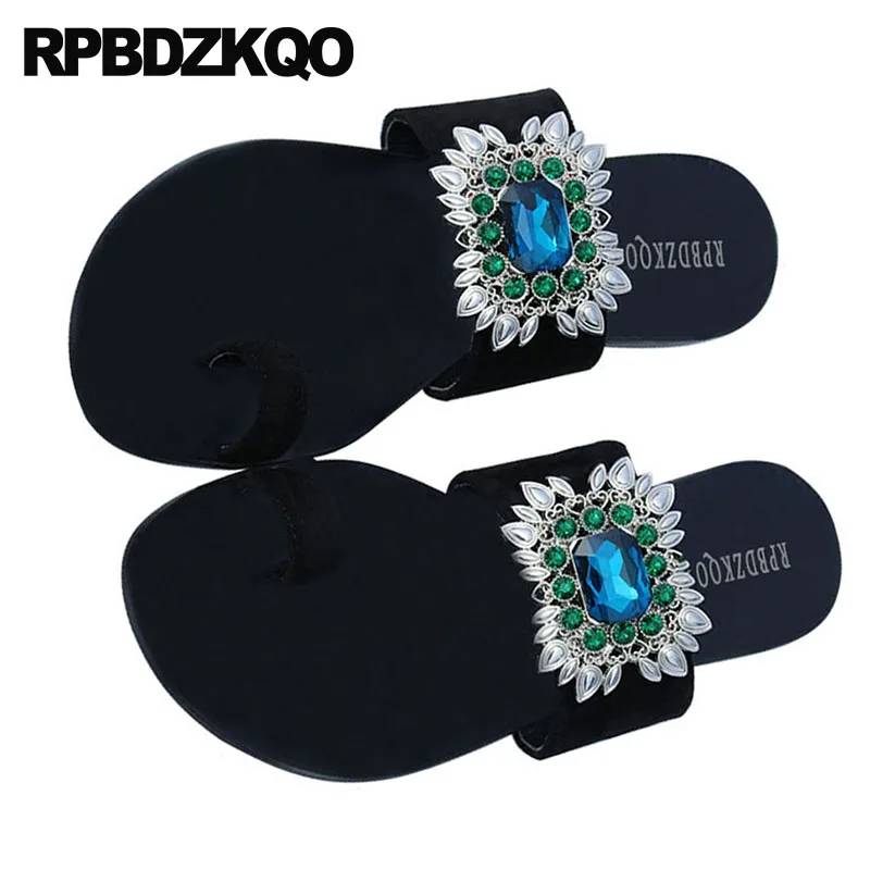 

diamond suede crystal toe ring bohemia shoes black big size slides women sandals flat summer 2019 large beach jewel slippers