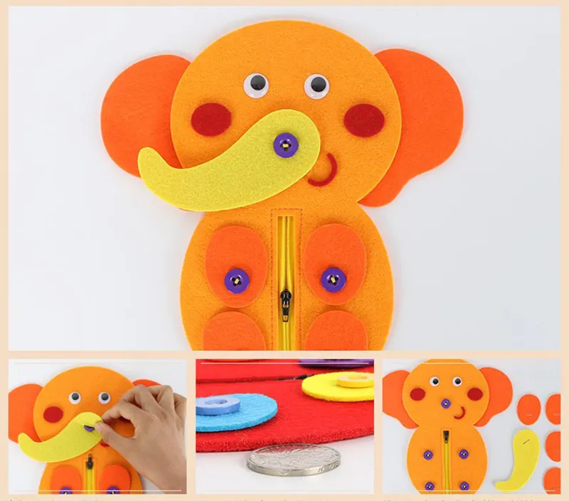  Felt Elephant Teaching Toys 24x22cm Kids Handmade learn to Button / Pull Zipper Kindergarten Felt C - 32871063405