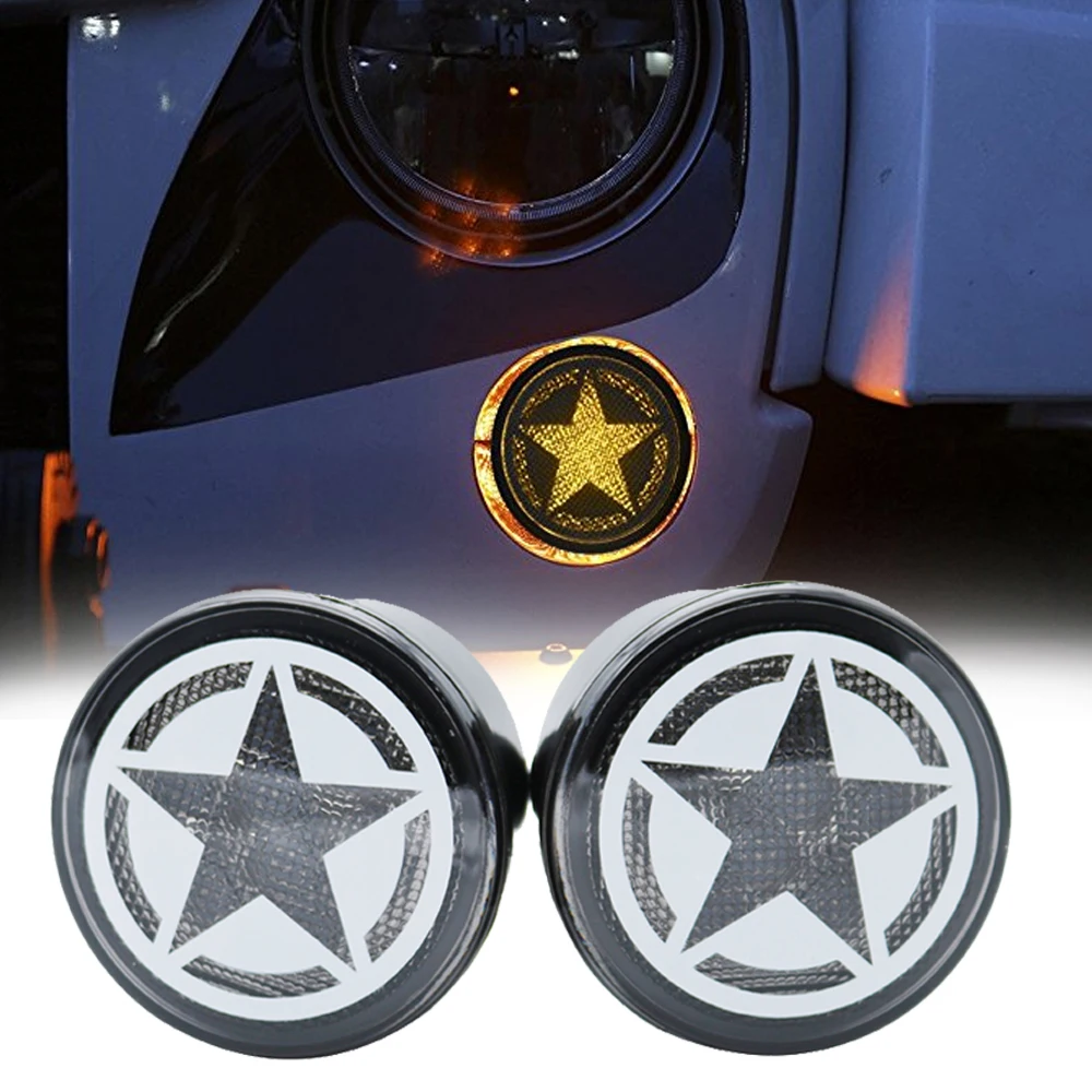 1 Pair For 2007-2018 Jeep Wrangler Smoke Lens Amber LED Front Turn Signal Light DC 12V Signal Lamps Five Star Pattern (1)