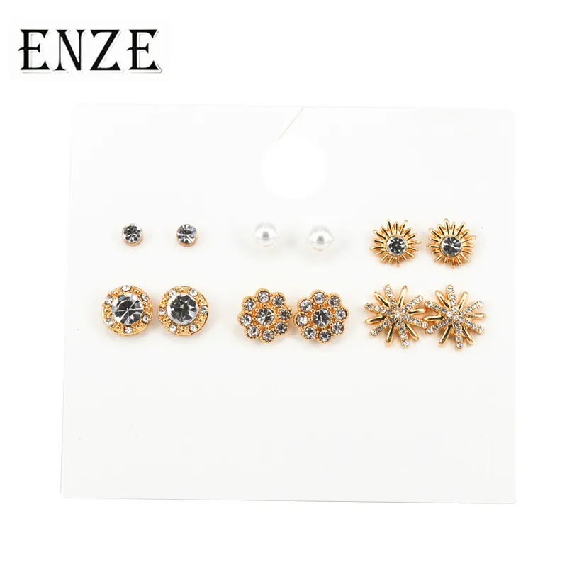 

ENZE earrings set combination 6 pairs / set of white imitation pearl flowers Japanese and Korean style women ear accessories