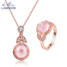 LAMOON classic flower 100% Natural Pink Rose Quartz 925 Sterling Silver Jewelry sets Drop Earrings S925 V023-3