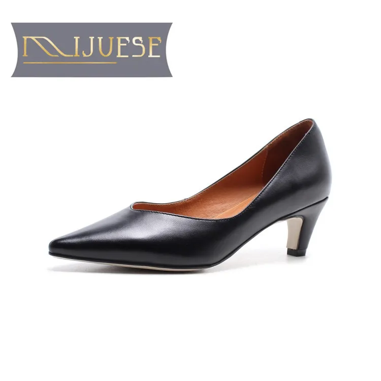 

MLJUESE 2018 women pumps Cow leather pointed toe slip on apricot color vintage thin heel high heels pumps women size 34-39