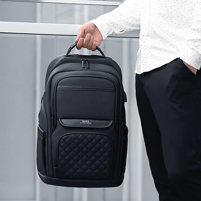  ROWE Business Men's Backpack Black USB Charging AntiTheft Laptop Backpack 15.6 Inch Male Large Capa