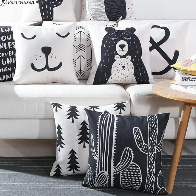

Black And White Cute Bear Cushion Cover Lovely Cartoon Animal Cactus Plant Geometric Pillow Case Nordic Style For Home Chair
