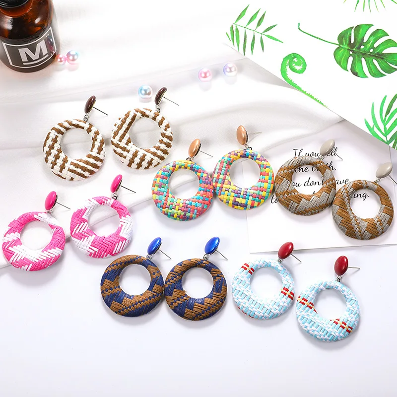 

Ethnic Style Fashion Trendy Earrings for Women Creative Woven Rafia Dangle Drop Geometric Exaggerated Handmade Rattan Earring