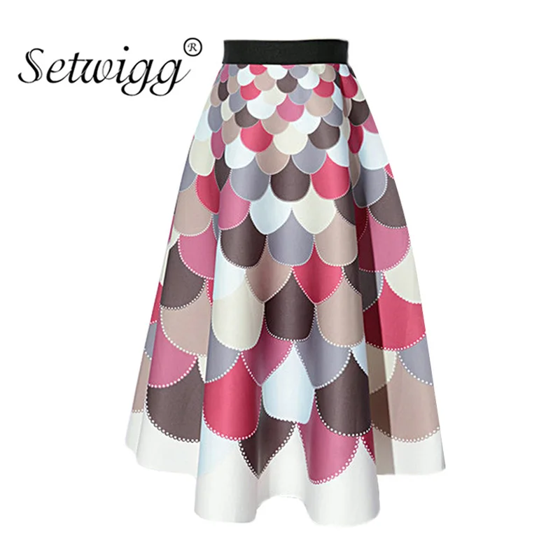 

SETWIGG Autumn & Winter Thick A-line Medium-Long Skirts Elastic Waist Wave Scales Multi-color Calf-length Falre Spring Skirts