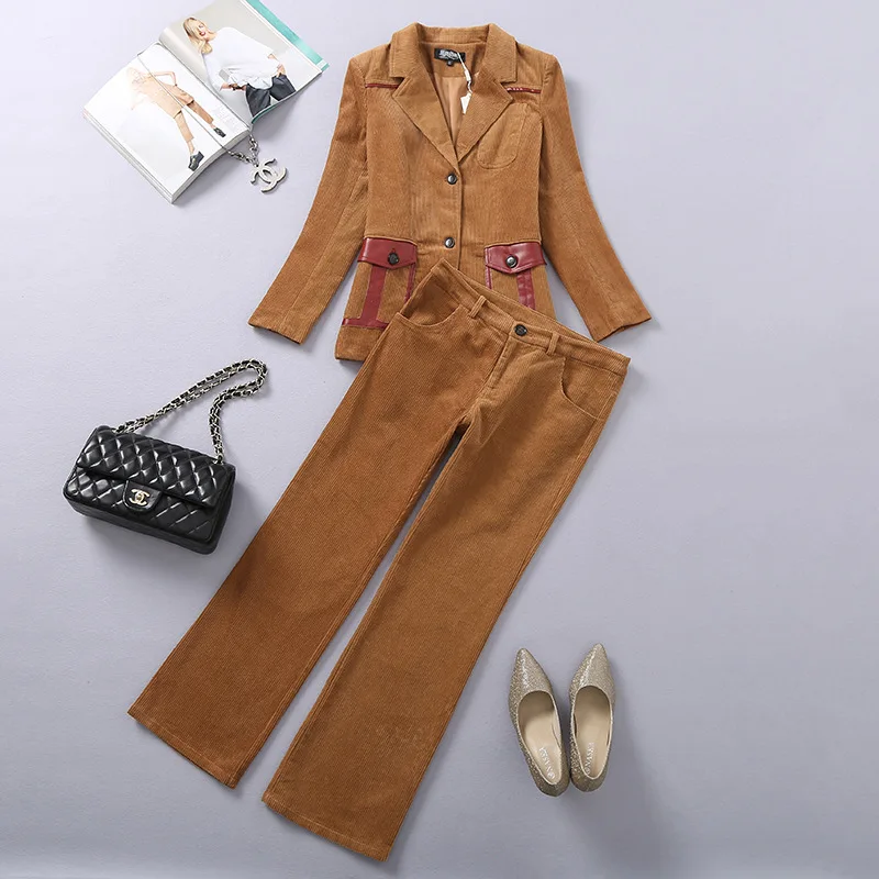 ACRMRAC Women suits Slim autumn Corduroy jacket Suit pants 2-piece set OL Formal Women pants suits Womens business suits