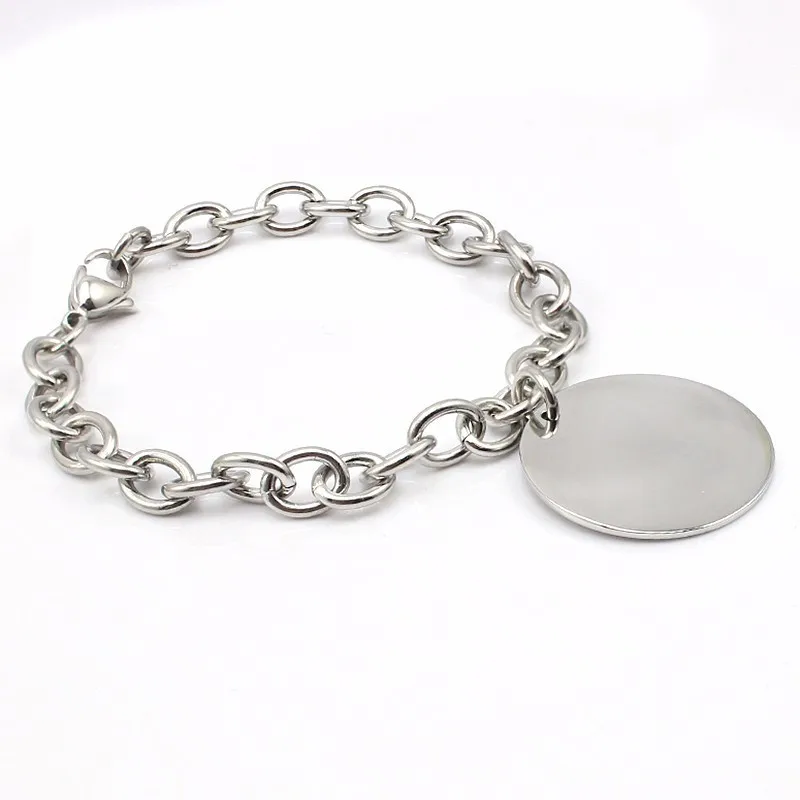 Women Fashion Bracelets Jewelry Accessories Bangles Chain Link Bracelets with Round Engravable Laser Logo/Name Charm Pendant 2