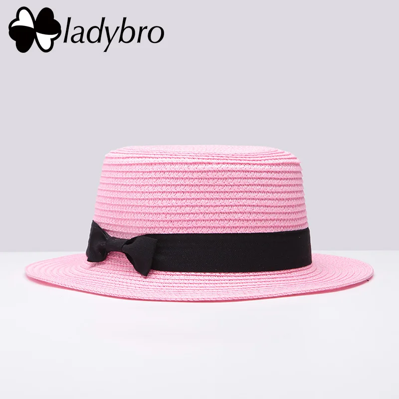 Ladybro Летняя женская пляжная шляпа, Женская Повседневная Панама, Дамская лента, Классический бант, плоская шляпа от солнца, женская шляпа для путешествий - Цвет: 006 pink