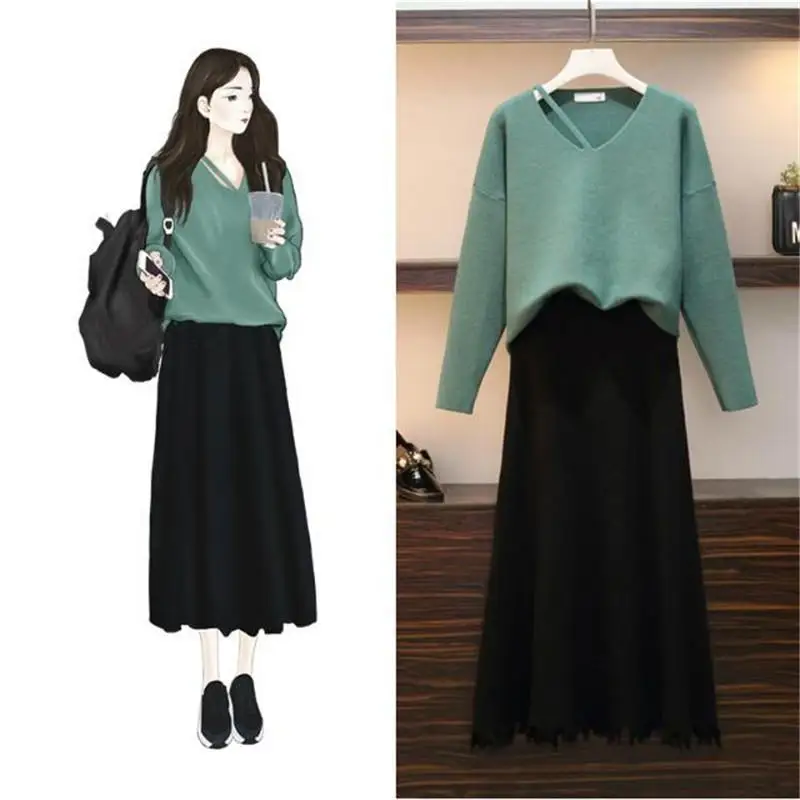 

2019 Spring Autumn Women's V-Neck Long Sleeve Knitting Sweater + High Waist Pleated Skirt 2 Piece Female Casual Skirt Set J132