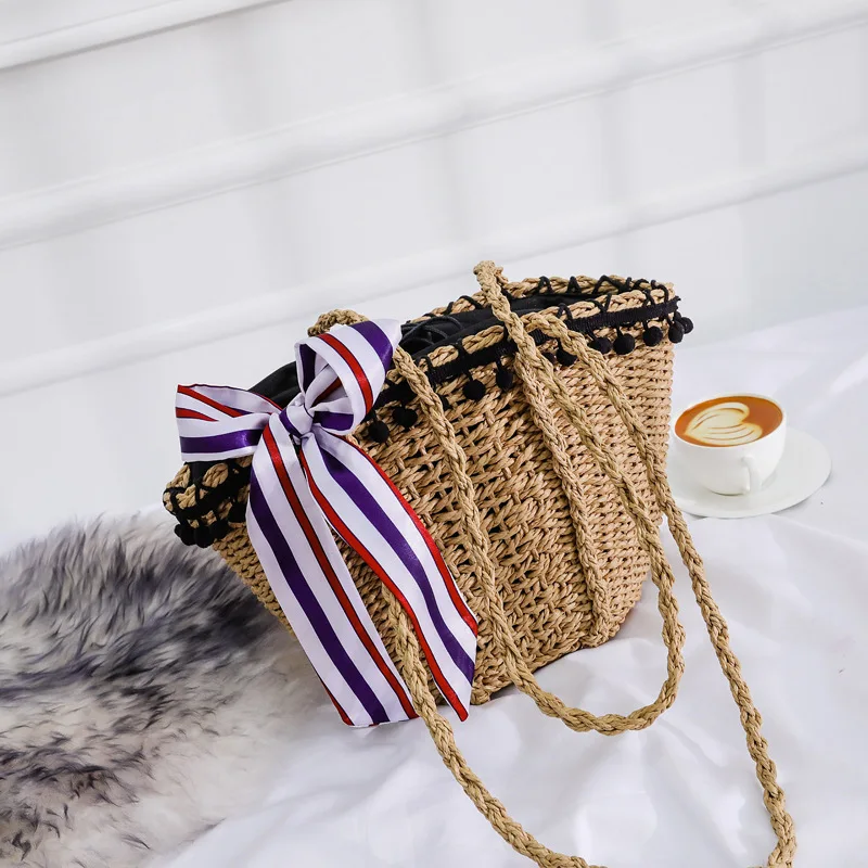 

Female Straw Beach Bag Tote Bags For Women 2019 Summer Wicker Designer Handbags Ladies Rattan Scarf Shoulder Messenger Bag Sac A