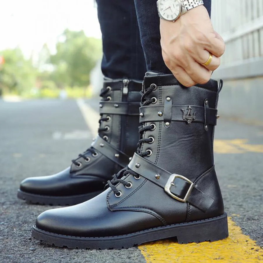 

Dwayne Autumn Men Boots Pu Leather Flat Man Shoes Mid-Calf Male Lace Up Martin Combat Boots Riding Hunting Casual Walking Shoes