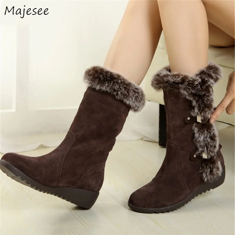 

Boots Women Flock Snow Boot Buckle Wedges Plush Simple Womens Non-slip Outdoor Female Shoes Retro All-match Warm Shoe Thick New