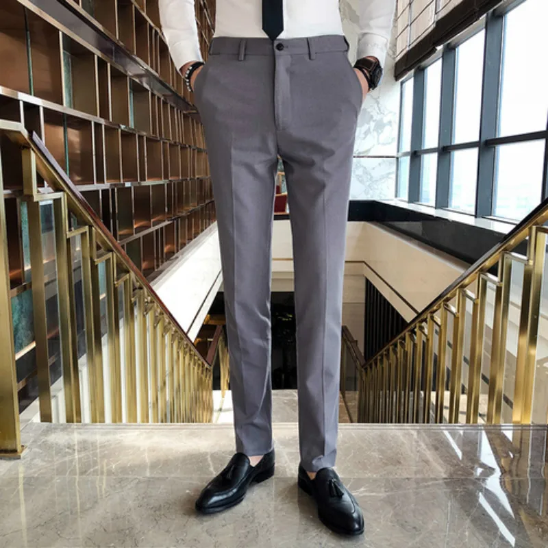 Костюм брюки весна джентльмен сплошной цвет Британский Стиль Мода Тонкий Бизнес Повседневный мужской костюм брюки, большой размер S-4XL - Цвет: gray