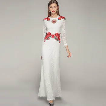 

Brand new design women's party dress high quality embroidered floral lace dress Summer long sleeves maxi dress A206