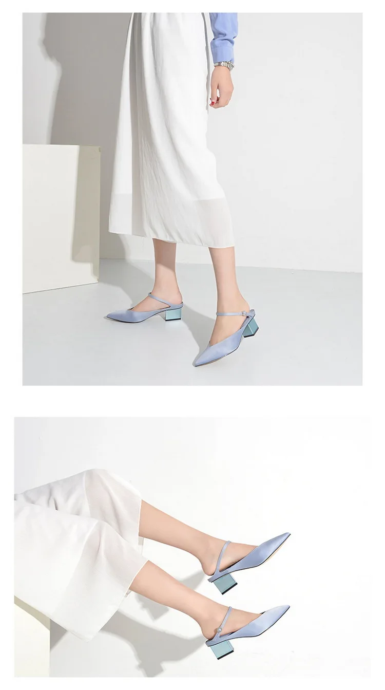 Выразительные женские босоножки на не сужающемся книзу массивном каблуке; коллекция года; Роскошные брендовые дизайнерские Шелковые летние шлепанцы с острым носком; женские сандалии; ботинки с пряжкой на лодыжке