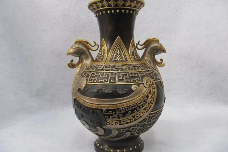 

Chinese Royal Palace 100% Pure Bronze 24K Gold Gild Two Ears Bird Zun Pot Vase