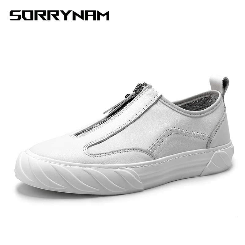 

Men's Split Leather casual Shoes Loafers Comfortable vintage moccasin slip on Rubber flats Anti-skid Zip opening Black White