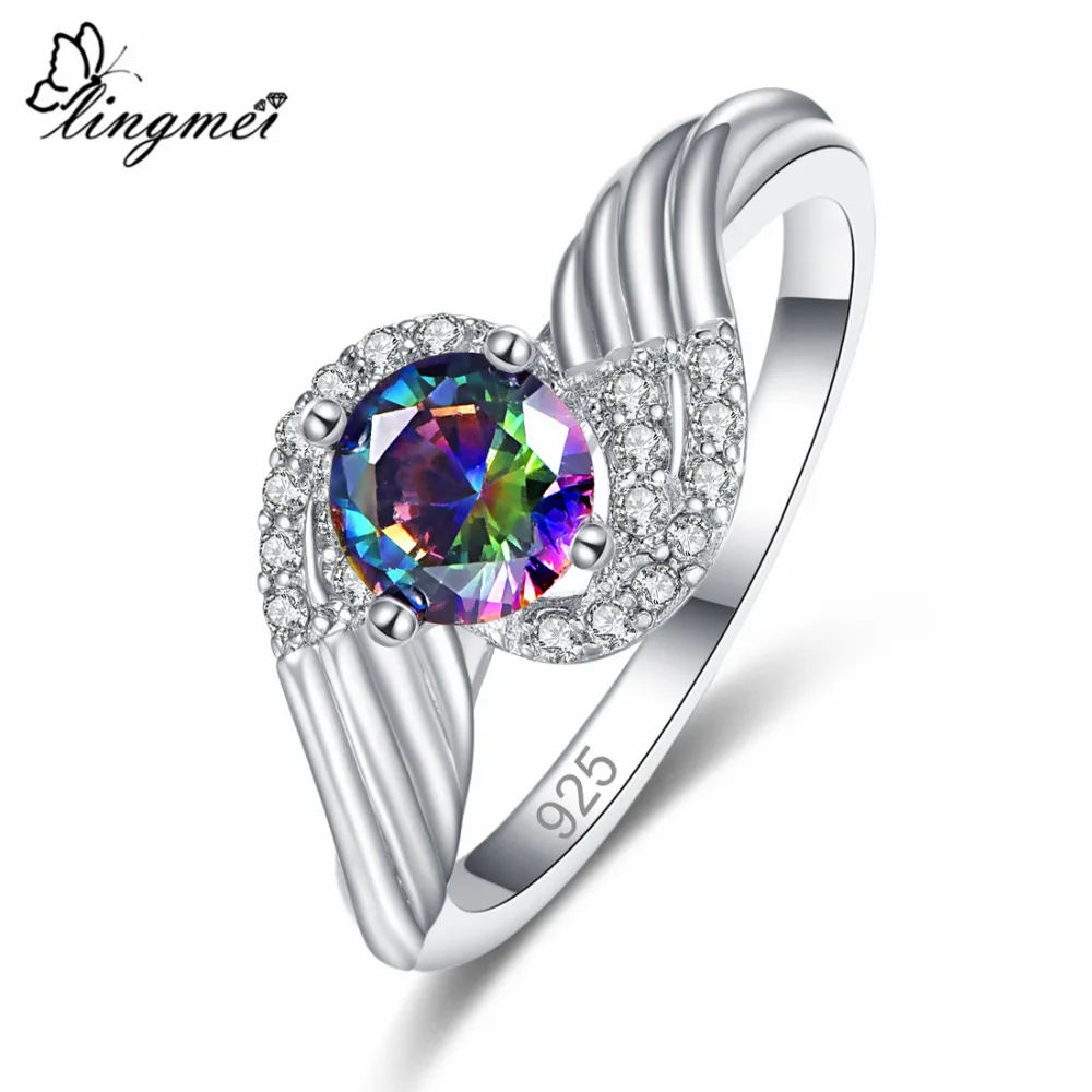 

Lingmei New Comes Fashion Luxury Round Cut Rainbow & White & Black Cubic Zircon Silver Ring Size 6 7 8 9 Women Jewelry Gifts