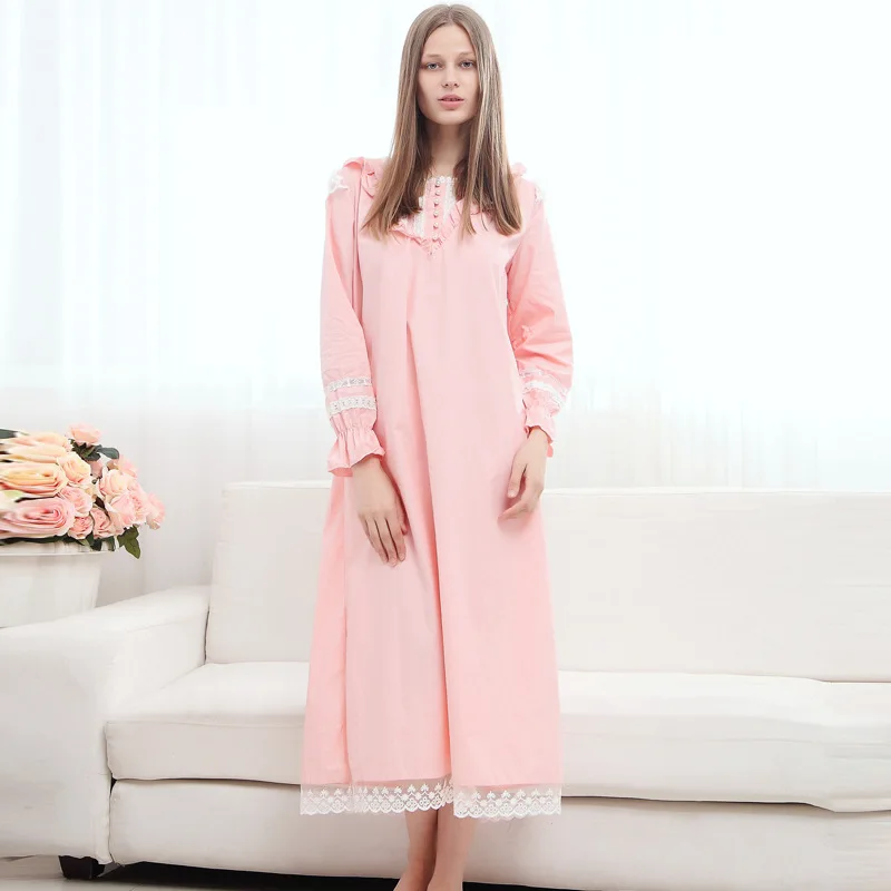 

Long Sleeve Mid-calf Long Nightgown Women Cotton Nightgown Long Pink Nightgown with Lace Elegant Nightwear Princess Sleepwear