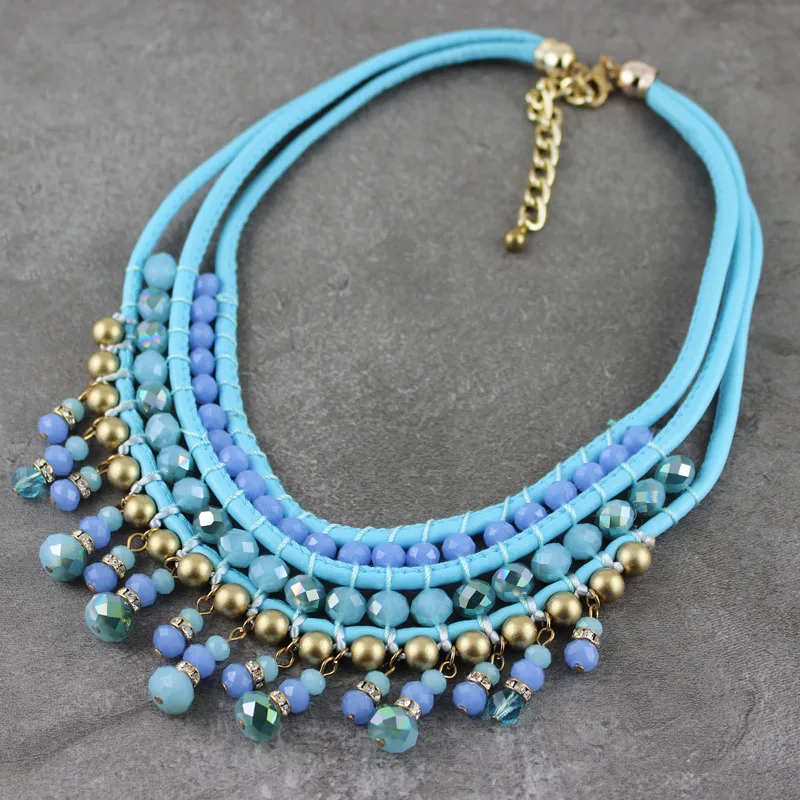 Fashion Jewelry Crystal Beads Weaving Drop Bib Statement Necklaces