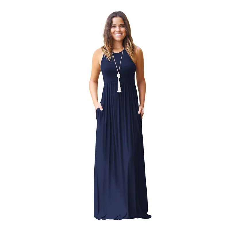 

Summer Dress Women Solid Color Maxi Dress Lady High Stretch Tank Robe Sleeveless Slim Long Dress Thin Long Dress Vestidos