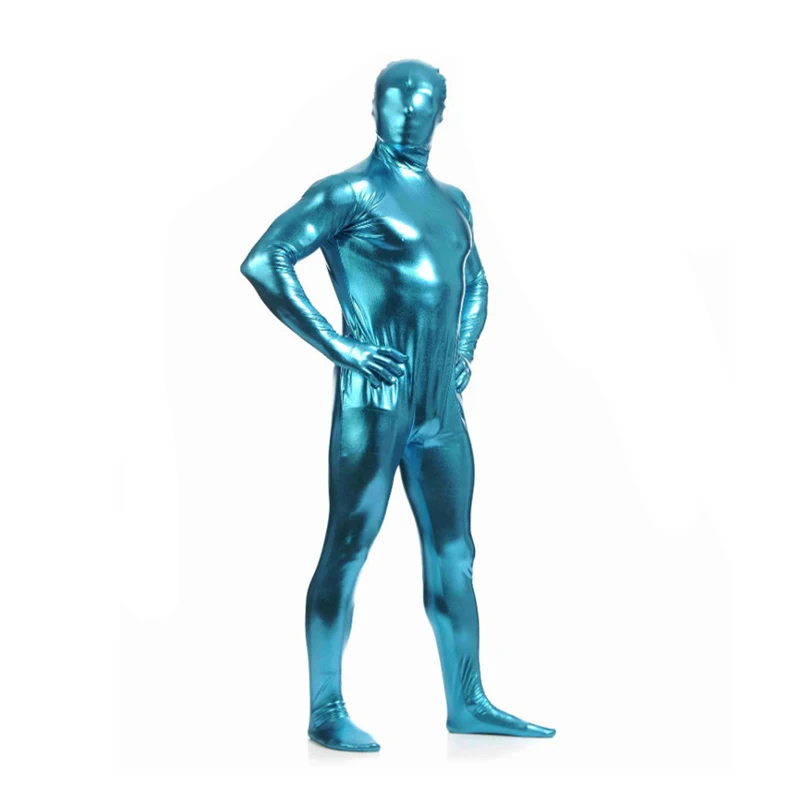 Cosplay&ware Ainclu Fullbody Blue Glue Metallic Zentai For Hallween Shiny Spandex Long Sleeve Male Bodysuit Sexy -Zentai shop online