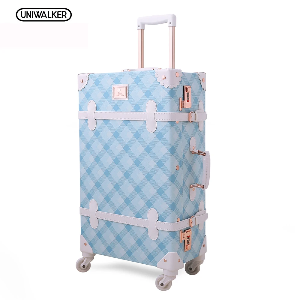 UNIWALKER 20&quot; 26&quot; Spinner Wheels Retro Light Blue Pu Leather Suitcase Women Trunk Vintage ...