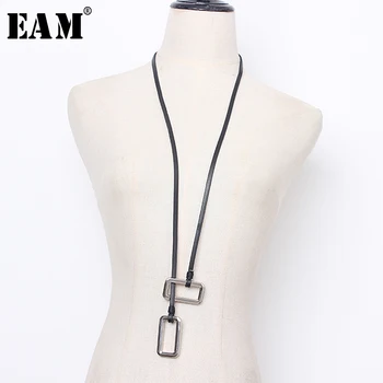 

[EAM] 2020 New Spring Summer Temperament Metal Square Split Joint Pu Leather Long Women Necklace Fashion Tide All-match JU238